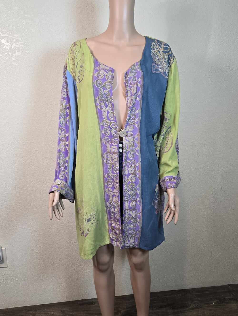 Soft Surroundings 100% Rayon Teal Green Purple Button Blouse Overlay Tunic  2x - Picture 8 of 14